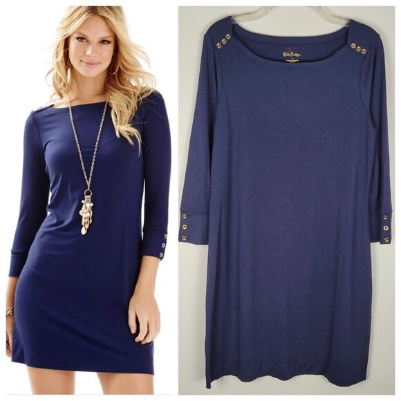 Lilly Pulitzer UPF 50 Sophie Dress Mini 3/4 Sleeve Rayon Stretch Navy Size L NWT - Picture 1 of 12